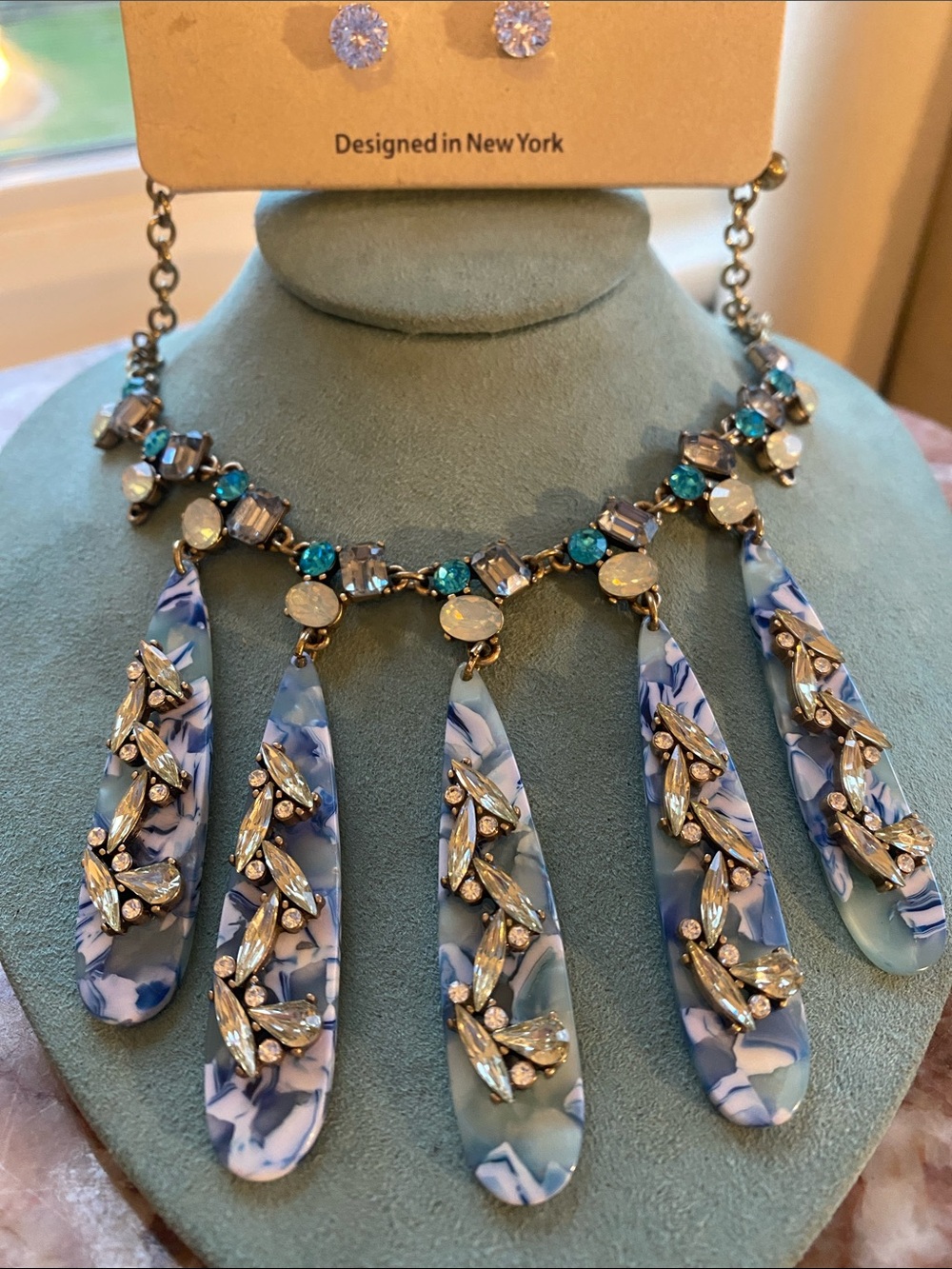 Ruff-Skch Designer Blue Marbled Teardrop Necklace Crystal Stud Earring Set